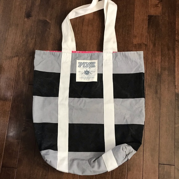PINK tote bag, gray and black with cream handles, pink interior - Picture 1 of 12